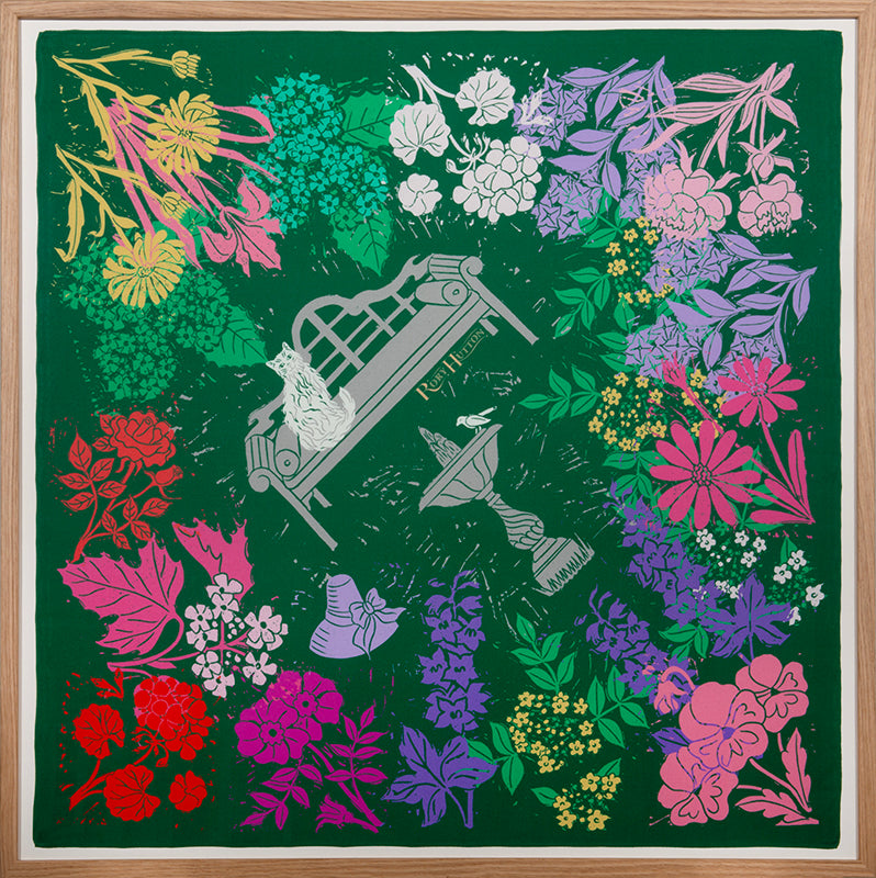 Rory Hutton, Gertrude's Garden, 2023, digital linocut in colours, on silk