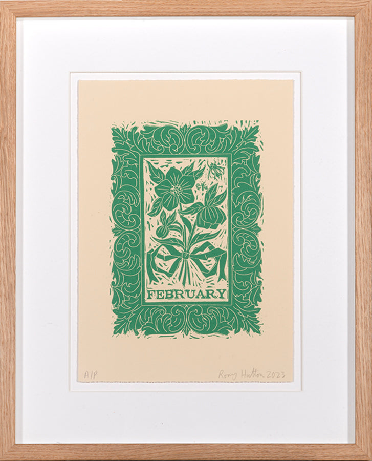 Rory Hutton, February, from Months of the Year, Green, 2023, linocut printed in colours, signed by the artist, from the edition of 25, on wove paper