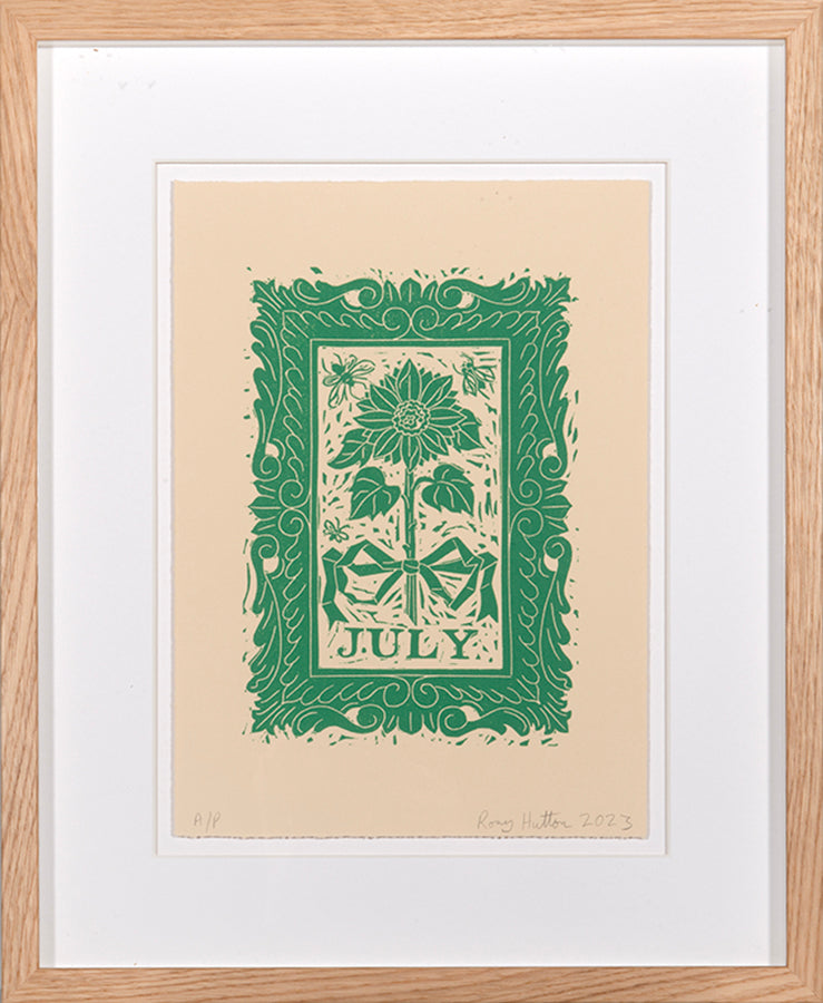 Rory Hutton, July, from Months of the Year, Green, 2023, linocut printed in colours, signed by the artist, from the edition of 25, on wove paper