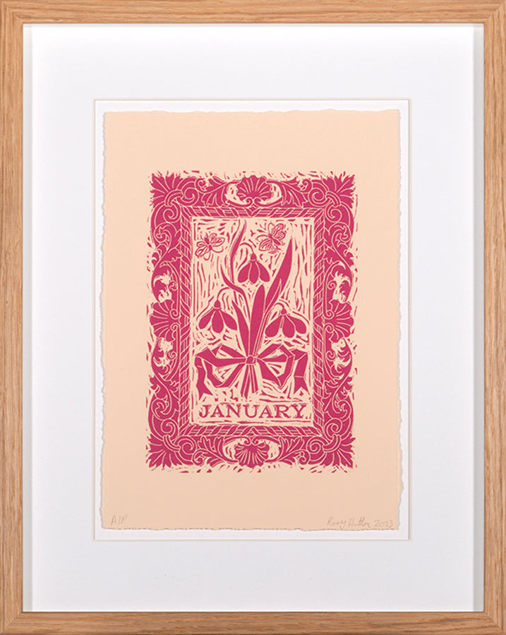 Rory Hutton, January, from Months of the Year, Pink, 2023, linocut printed in colours, signed by the artist, from the edition of 25, on wove paper