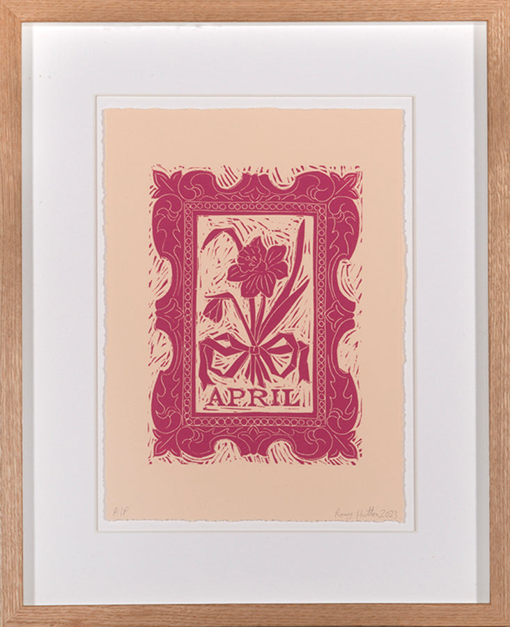 Rory Hutton, April, from Months of the Year, Pink, 2023, linocut printed in colours, signed by the artist, from the edition of 25, on wove paper