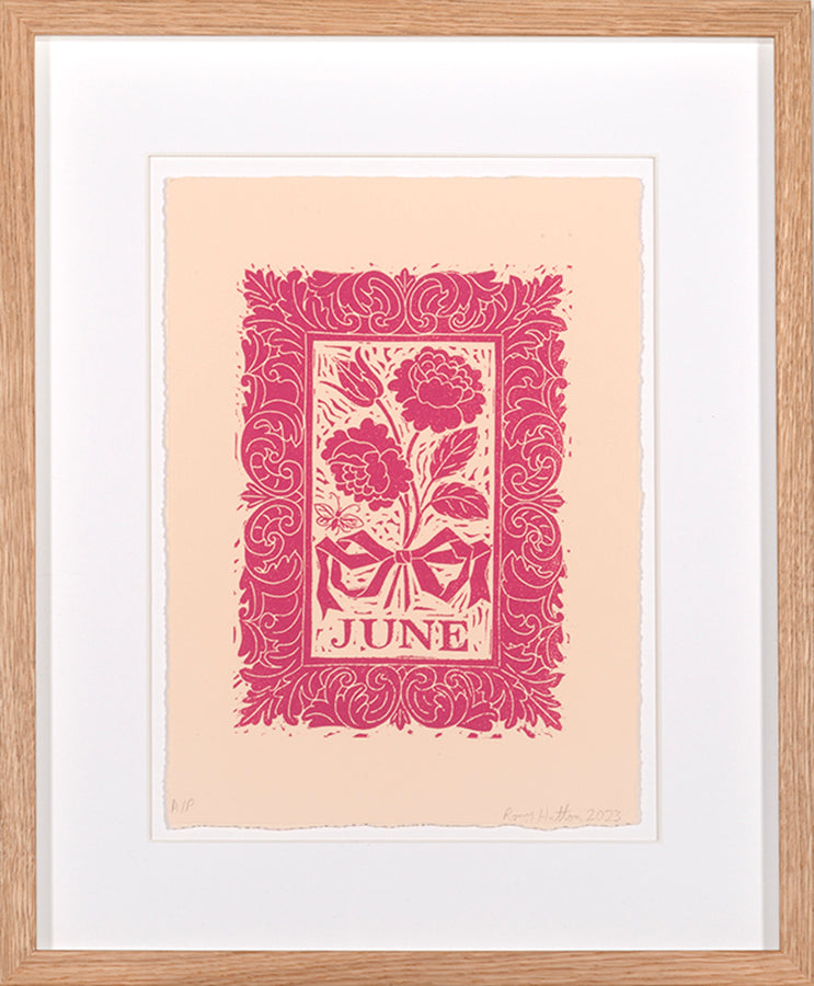 Rory Hutton, June, from Months of the Year, Pink, 2023, linocut printed in colours, signed by the artist, from the edition of 25, on wove paper
