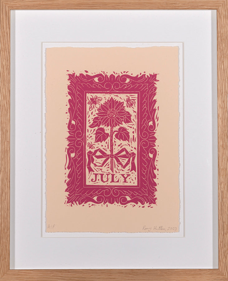 Rory Hutton, July, from Months of the Year, Pink, 2023, linocut printed in colours, signed by the artist, from the edition of 25, on wove paper
