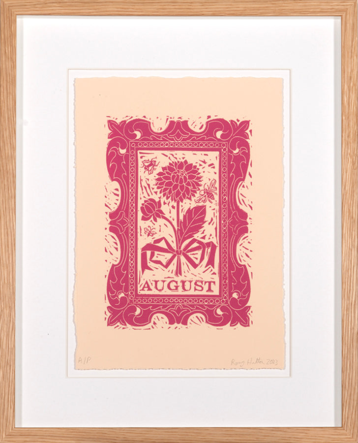Rory Hutton, August, from Months of the Year, Pink, 2023, linocut printed in colours, signed by the artist, from the edition of 25, on wove paper