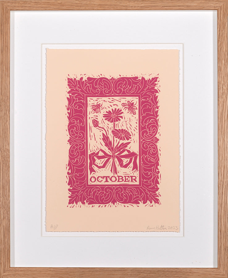 Rory Hutton, October, from Months of the Year, Pink, 2023, linocut printed in colours, signed by the artist, from the edition of 25, on wove paper