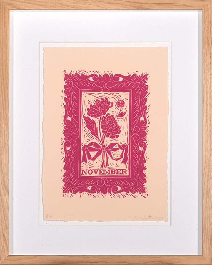 Rory Hutton, November, from Months of the Year, Pink, 2023, linocut printed in colours, signed by the artist, from the edition of 25, on wove paper
