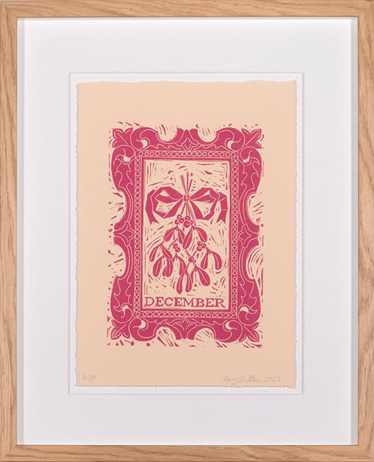 Rory Hutton, December, from Months of the Year, Pink, 2023, linocut printed in colours, signed by the artist, from the edition of 25, on wove paper