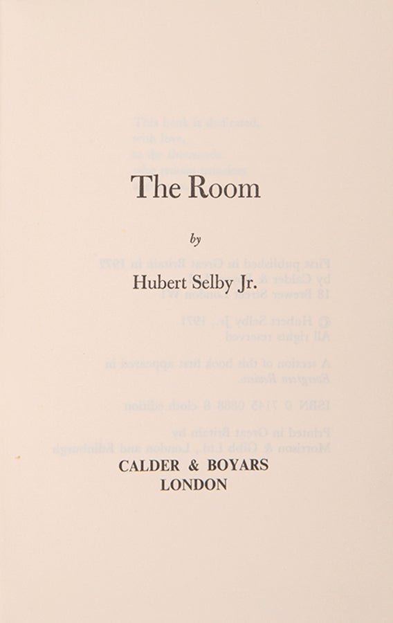 The first UK edition of Hubert Selby Jr's The Room, isncribed by the author in the original unclipped dustjacket.