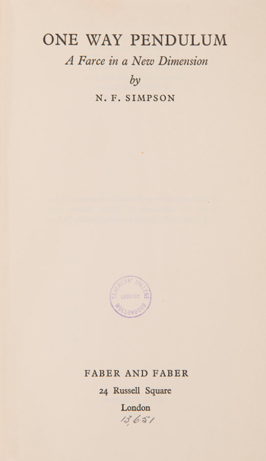 First edition of One Way Pendulum by N.F. Simpson, his second full-length play.
