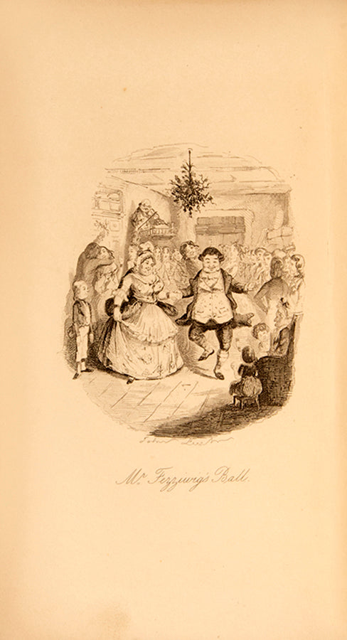 A stunning fore-edge painting depicting a scene from A Christmas Carol by Charles Dickens, on a volume of the Christmas Storeis with another of the Christmas Books