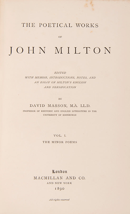 A handsome three-volume edition of Milton's collected works, with critical notes, in green morocco gilt by Hatchards.
