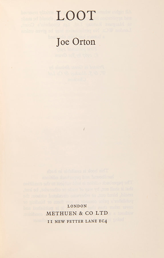 First edition, casebound issue of Loot by Joe Orton, his second staged play.