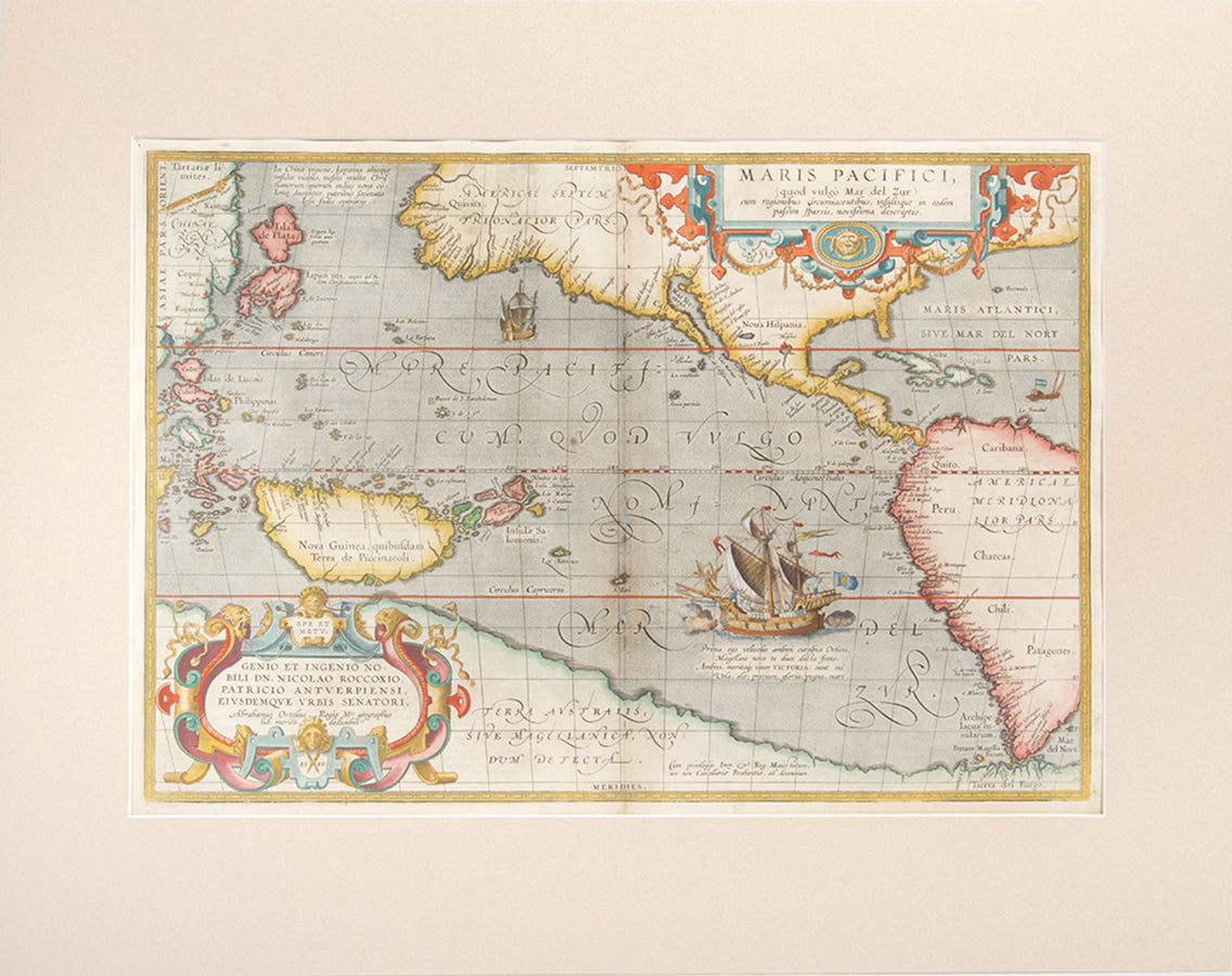 Double-page copper engraved map with later hand-colouring<br />Well-preserved example of Ortelius' map of the Pacific, taken from the fifth, final, and most complete French edition of Theatre de l'Univer
