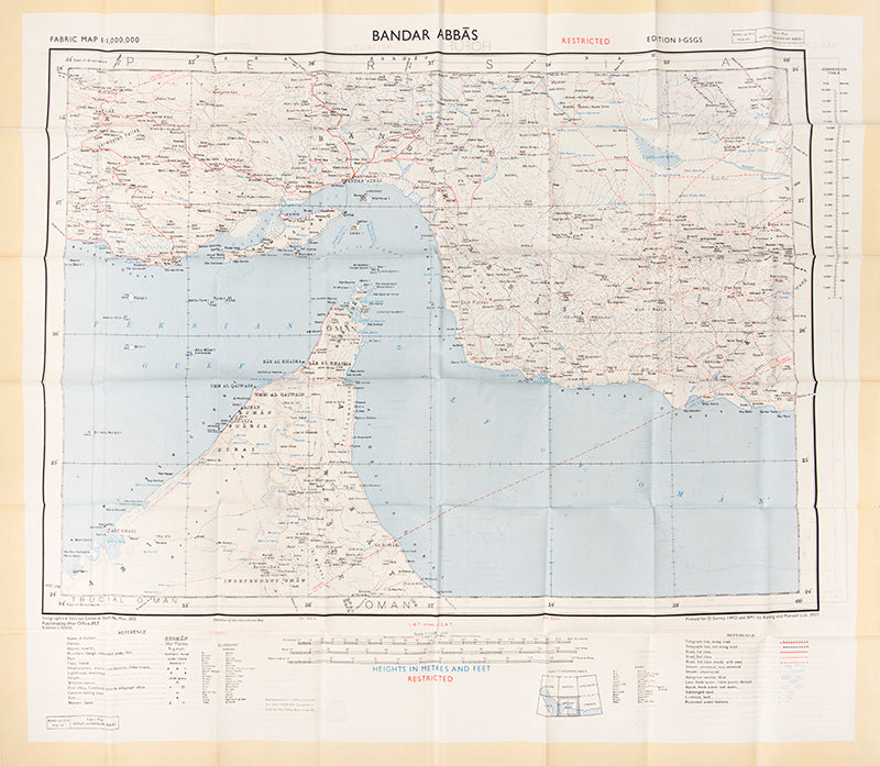 An excellent example of a double-sided coloured escape map of the Arabian Gulf, showing the UAE and Oman to recto, and Qatar to verso.