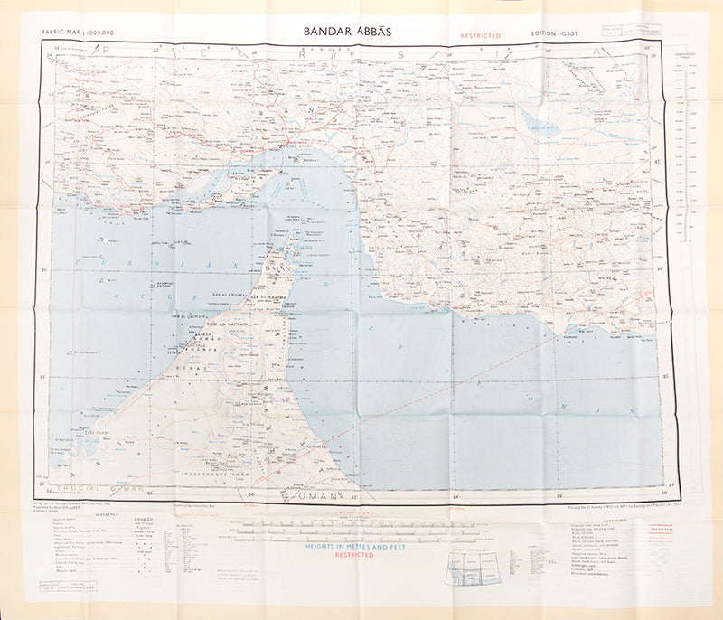 An excellent example of a double-sided coloured escape map of the Arabian Gulf, showing the UAE and Oman to recto, and Qatar to verso.