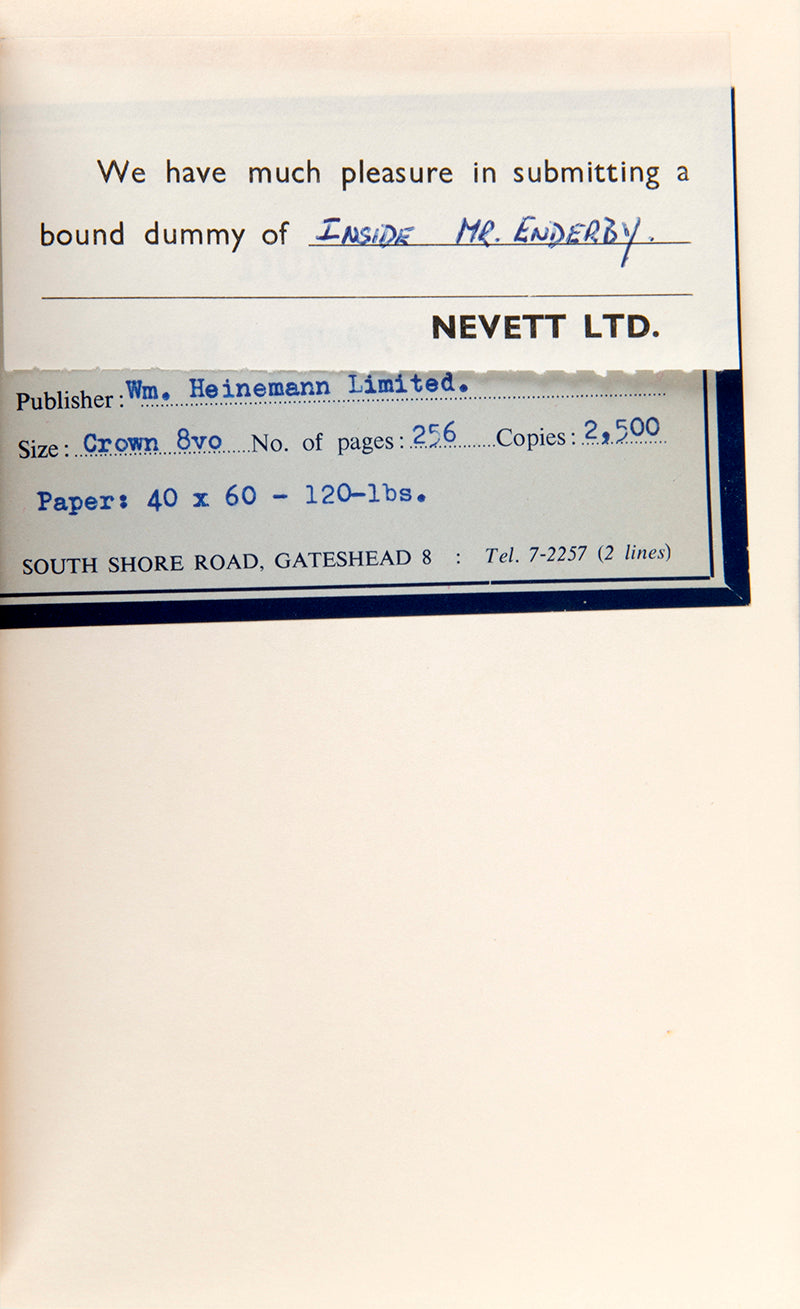 Publisher's blank dummy of Inside Mr Enderby by Joseph Kell, pseudonym of Anthony Burgess.
