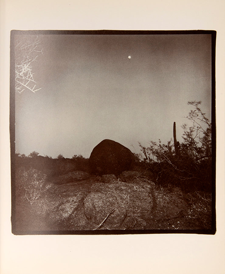 These photographs are taken with a strobe flash in the desert at night, revealing cacti and details of the desert floor. For Richard Misrach, an important conceptual component of this book is the lack of a title, with the publisher's information appearing on the spine and nowhere else.