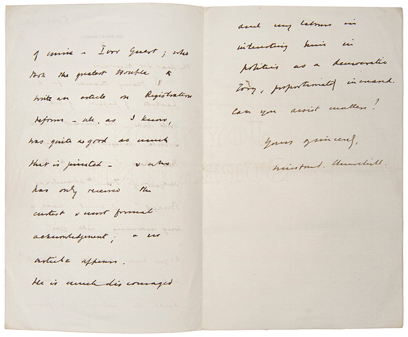 Autograph letter signed in ink from Winston Churchill to Algernon West thanking him for papers needed, for researching the biography of his father Randolph Churchill