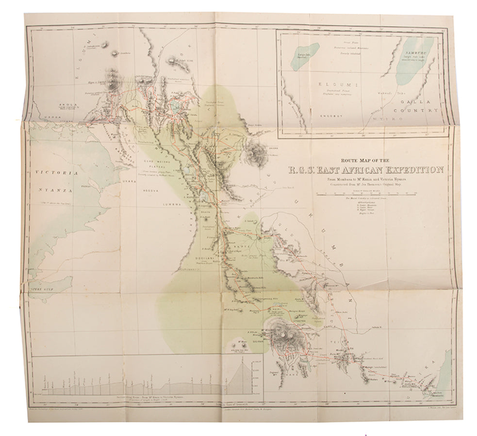 A rare inscribed first edition of Thomson's Through Masia Land. Thomson was a British geologist and explorer who played an important part in the Scramble for Africa.