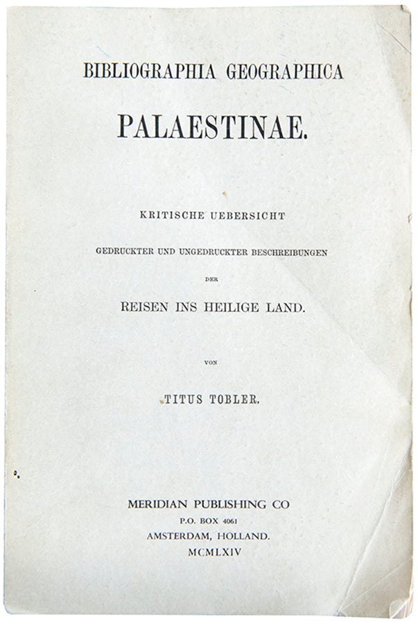 A bibliography of travels to the Holy Land, covering books in all languages totalling about 2,500 works on Palestine and the Near East, originally published in Leipzig in 1876.