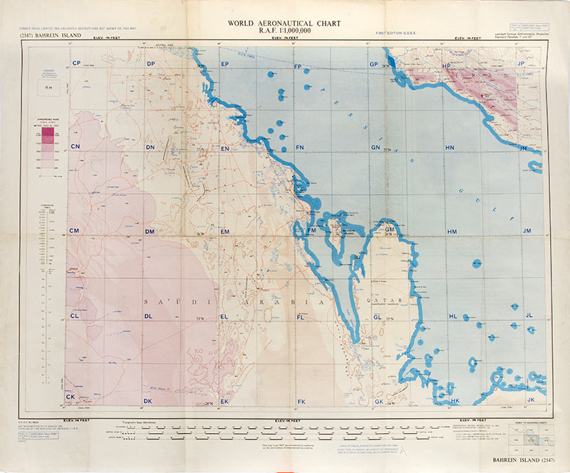 First edition of the 1951 issue of the R.A.F. Aeronautical map of Bahrain and Qatar. The only manmade indicated features, other than towns and roads, are of oil fields and pipelines.