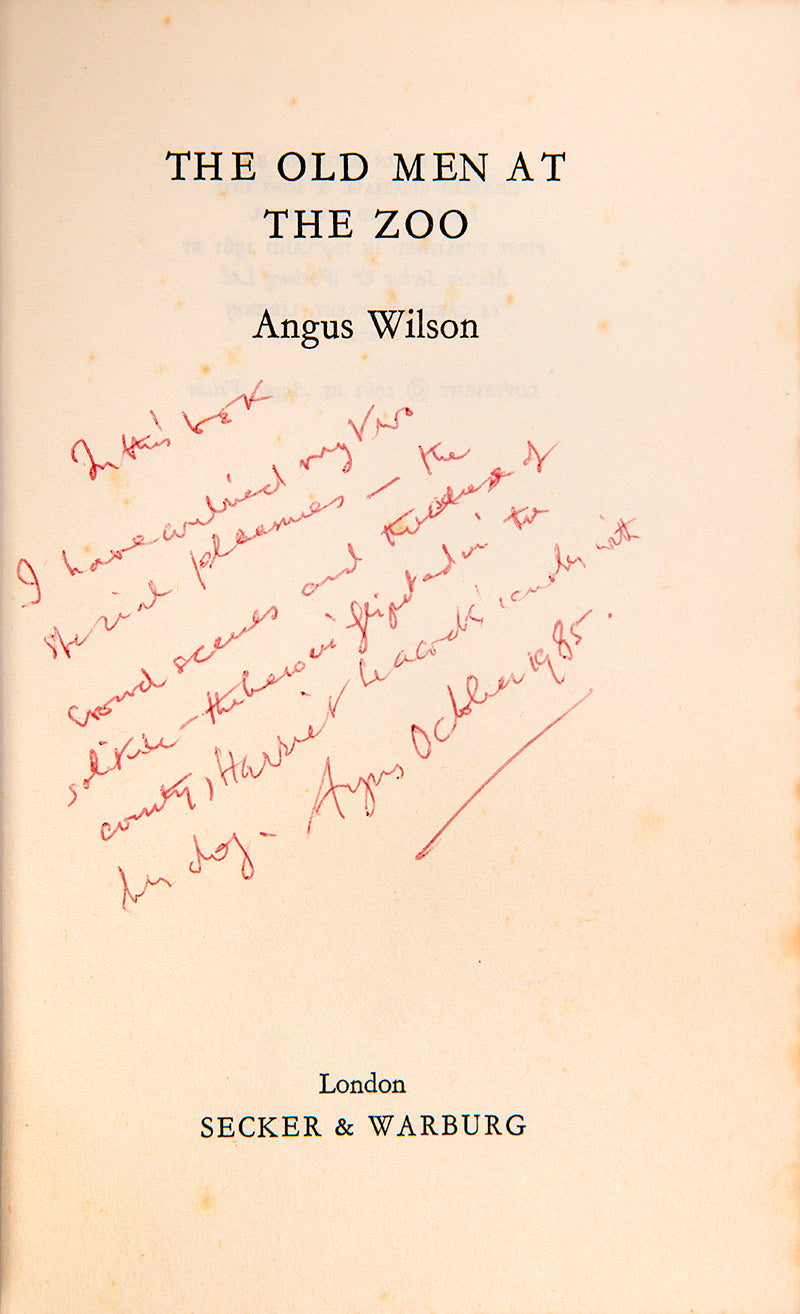 First edition of The Old Men at the Zoo by Angus Wilson, inscribed by the author.
