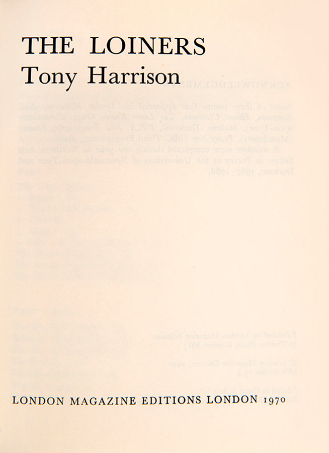 First edition of The Loiners by Tony Harrison, inscribed by the author.