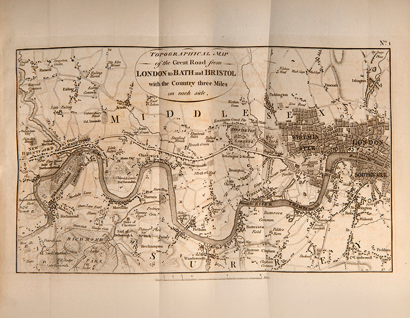 The first edition of Archibald Robertson's Survey of the Great Road from London to Bath, with sixty-five plates rare to find in colour.