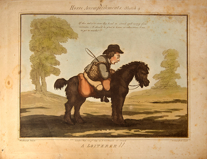 First edition of Horse Accomplishments by Thomas Rowlandson and George Woodward, containing 12 humorous hand-coloured aquatints of horses and riders.