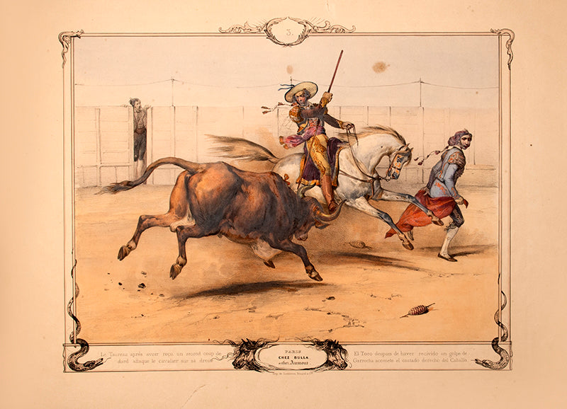 First edition of Combat du Taureau by Jean Victor Adam, containing 12 hand-coloured images of graphic bullfighting scenes. With a signed manuscript letter by Adam.