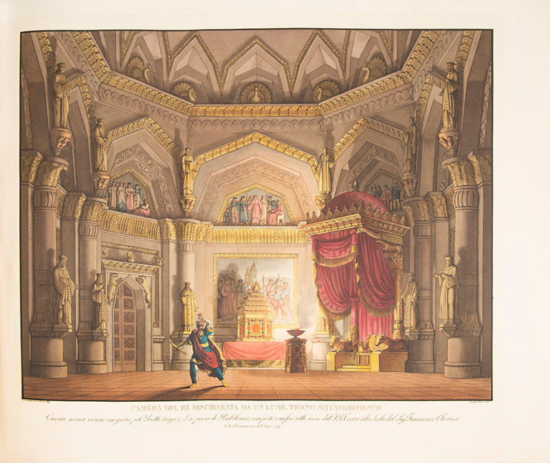 Early issue of Sceniche Decorazioni and Raccolta by Alessandro Sanquirico, the pioneering set designer, containing 75 plates of operas, ballets, and plays performed in La Scala in Milan between 1817 and 1832.