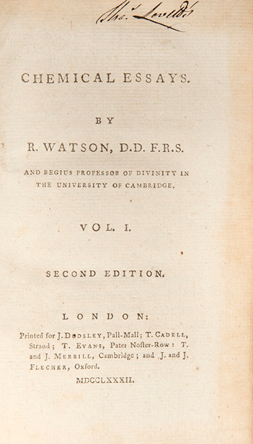A charming mixed set of Richard Watson's Chemical Essays in contemporary bindings.