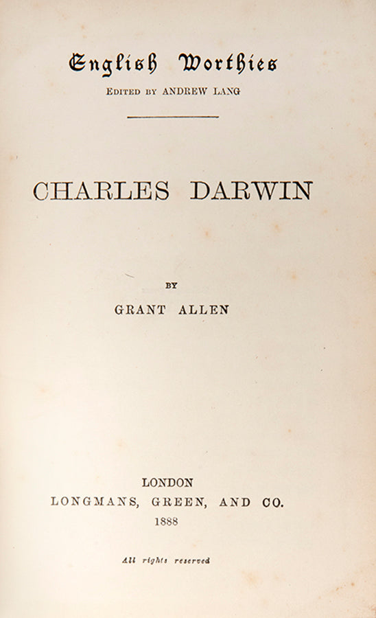 First edition of science writer Grant Allen's popular biography of Charles Darwin, published in 1888.