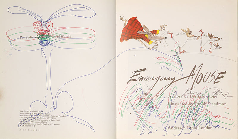 First editions of Inspector Mouse, Quasimodo Mouse, and Emergency Mouse by Bernard Stone and Ralph Steadman, inscribed to Hilary Gerrard