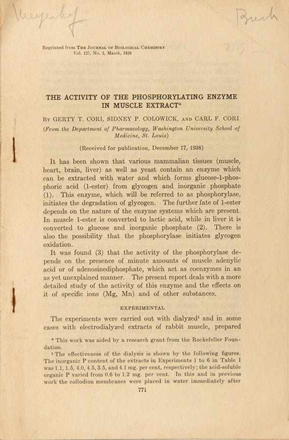 Three rare offprints published in 1926 and 1939 by the Nobel Prize-winning biochemists Gerty and Carl Cori, who did important research on carbohydrate metabolism.