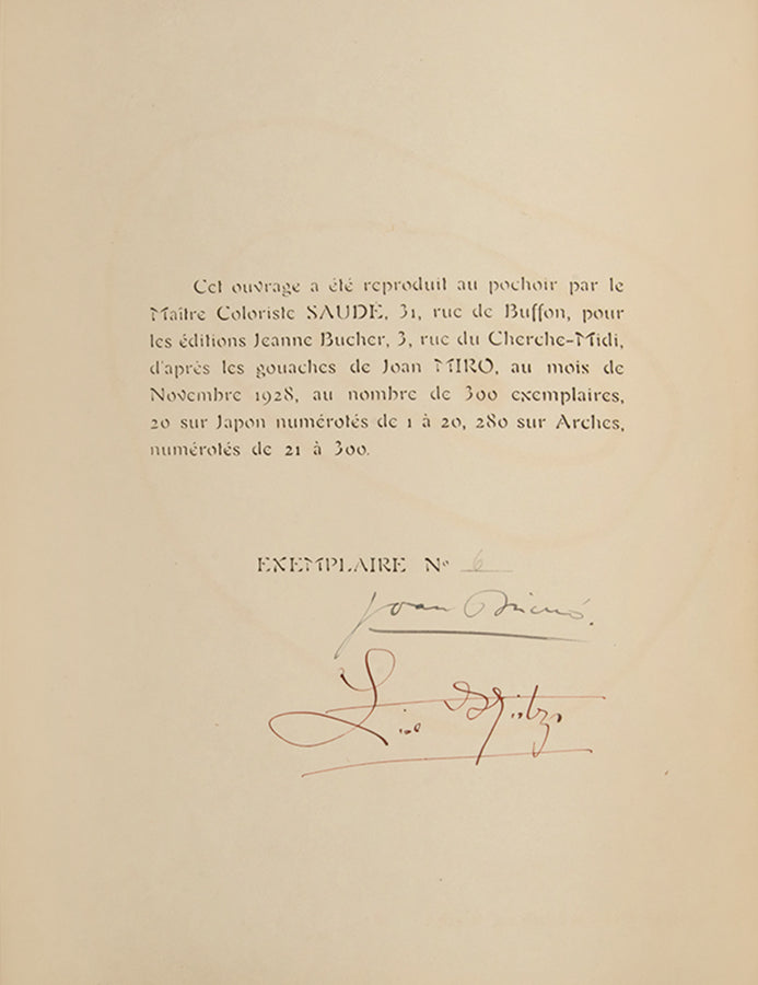 Miro's first artist's book, one of 20 copies on Japon with an extra suite in black, in a fine binding by