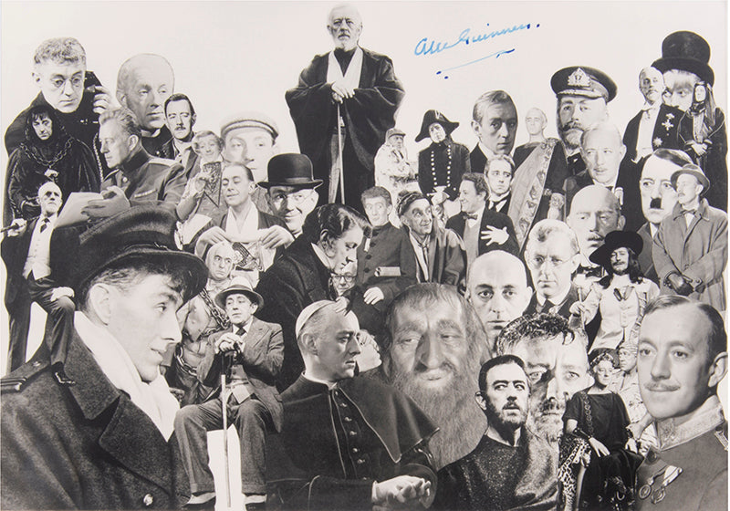 A black & white photomontage portrait of many of the characters played by Sir Alec Guinness during his long career.
