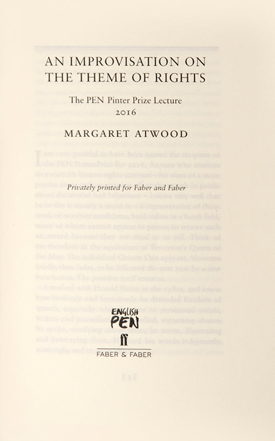First edition of An Improvisation on the Theme of Rights by Margaret Atwood, one of 450 copies printed for private circulation.