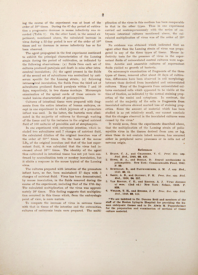 The rare offprint of John Enders' 'Cultivation of the Lansing Strain of Poliomyelitis', the 1949 paper announcing the cultivation of polio virus, the breakthrough that made modern vaccines possible.