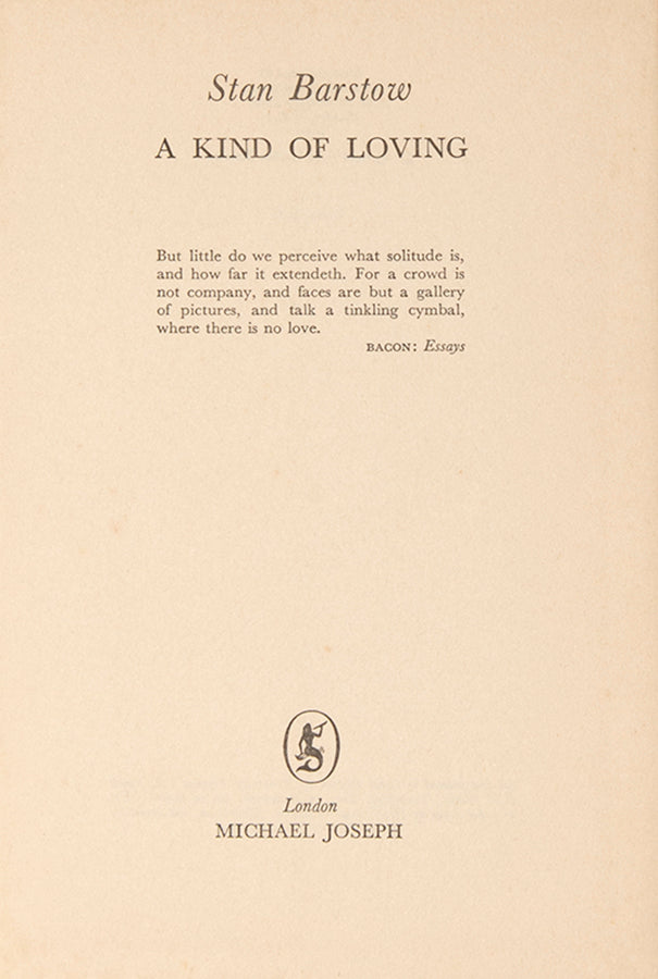 First edition of A Kind of Loving by Stan Barstow, the author's first book.