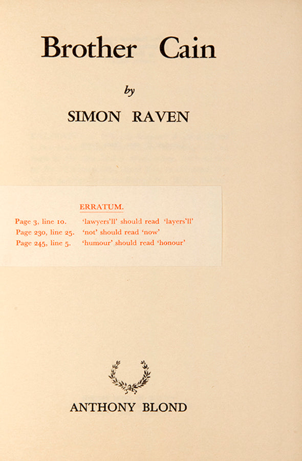 First edition of Brother Cain by Simon Raven, the author's second novel.