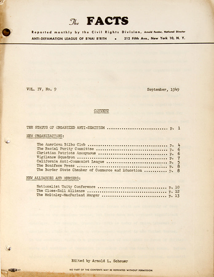 Scarce copy of the Facts - an ADL mid-century Newsletter.