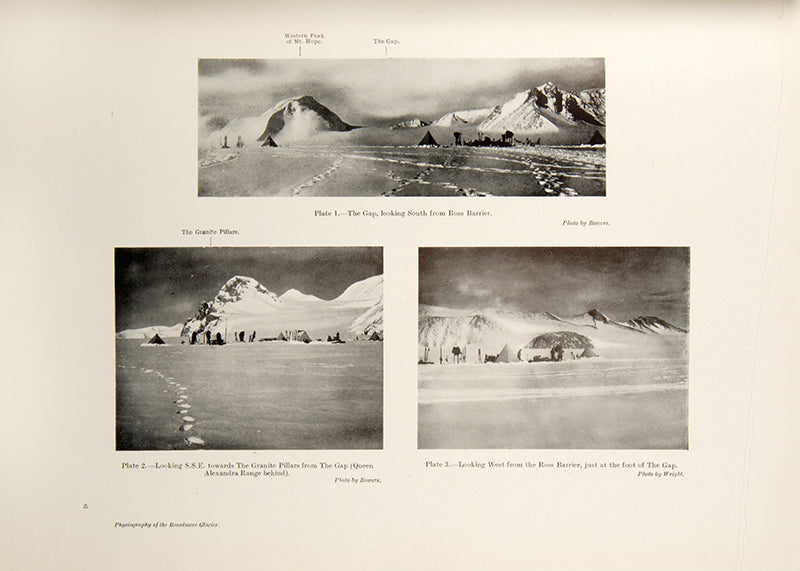 First edition of this scarce scientific report detailing the geological and glaciological observations of the Beardmore Glacier region, collected during the 'Terra Nova' expedition. Particularly notable for its inclusion of numerous photographs and sketches by Edward Wilson, as well as a fold-out map tracing the journey to the South Pole.