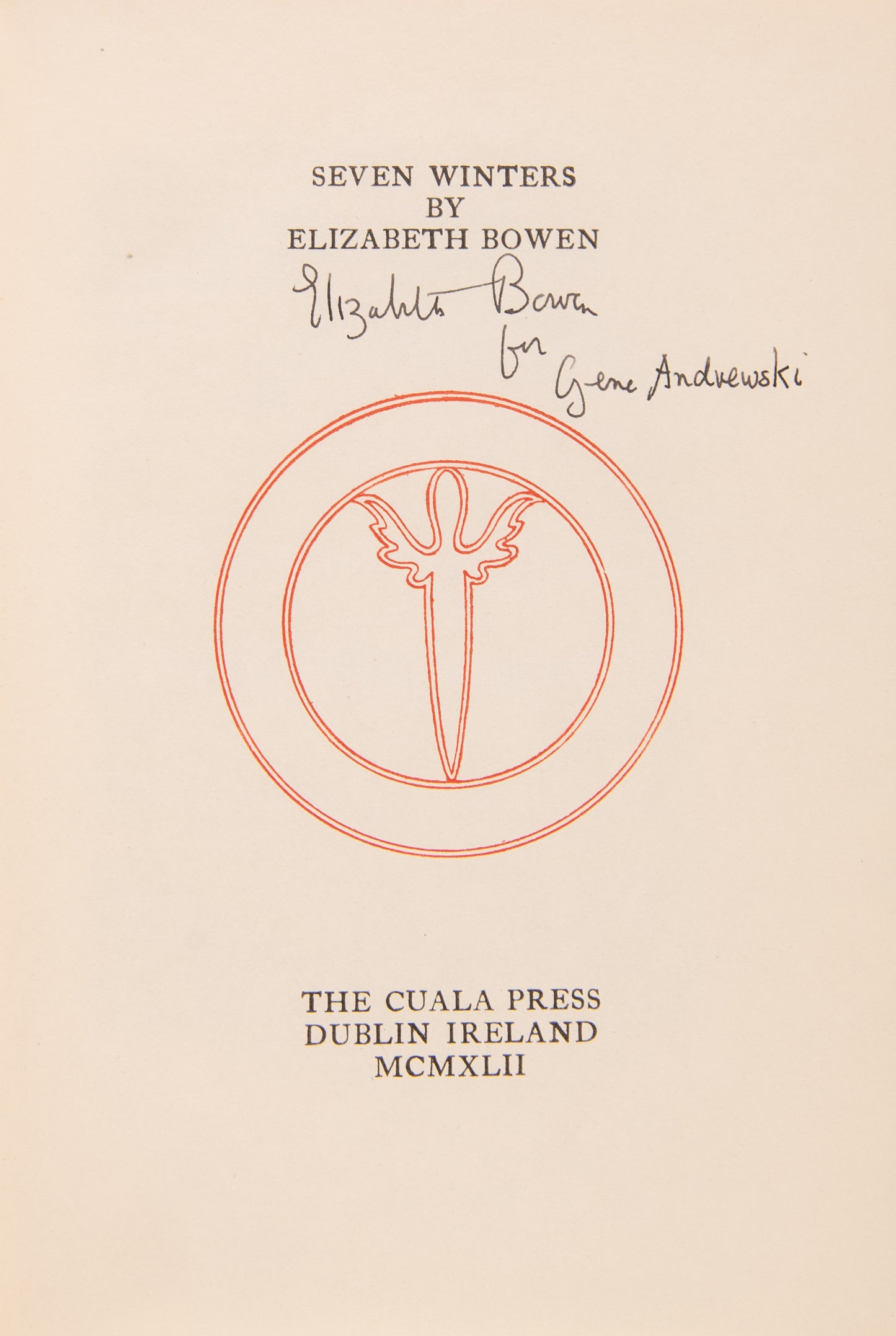 First edition of Seven Winters by Elizabeth Bowen, one of 450 copies, inscribed by the author.