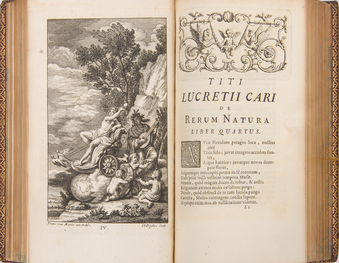 A lovely eighteenth-century French edition of Roman philosopher Lucretius's On the Nature of Things, De Rerum Natura Libri Sex, in red morocco.