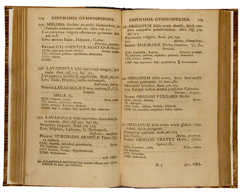 First edition of Carl Linnaeus's Materia Medica, a rare work on medicinal plants using Linnean taxonomy, published in 1749. With the attractive frontispiece and folding plate.