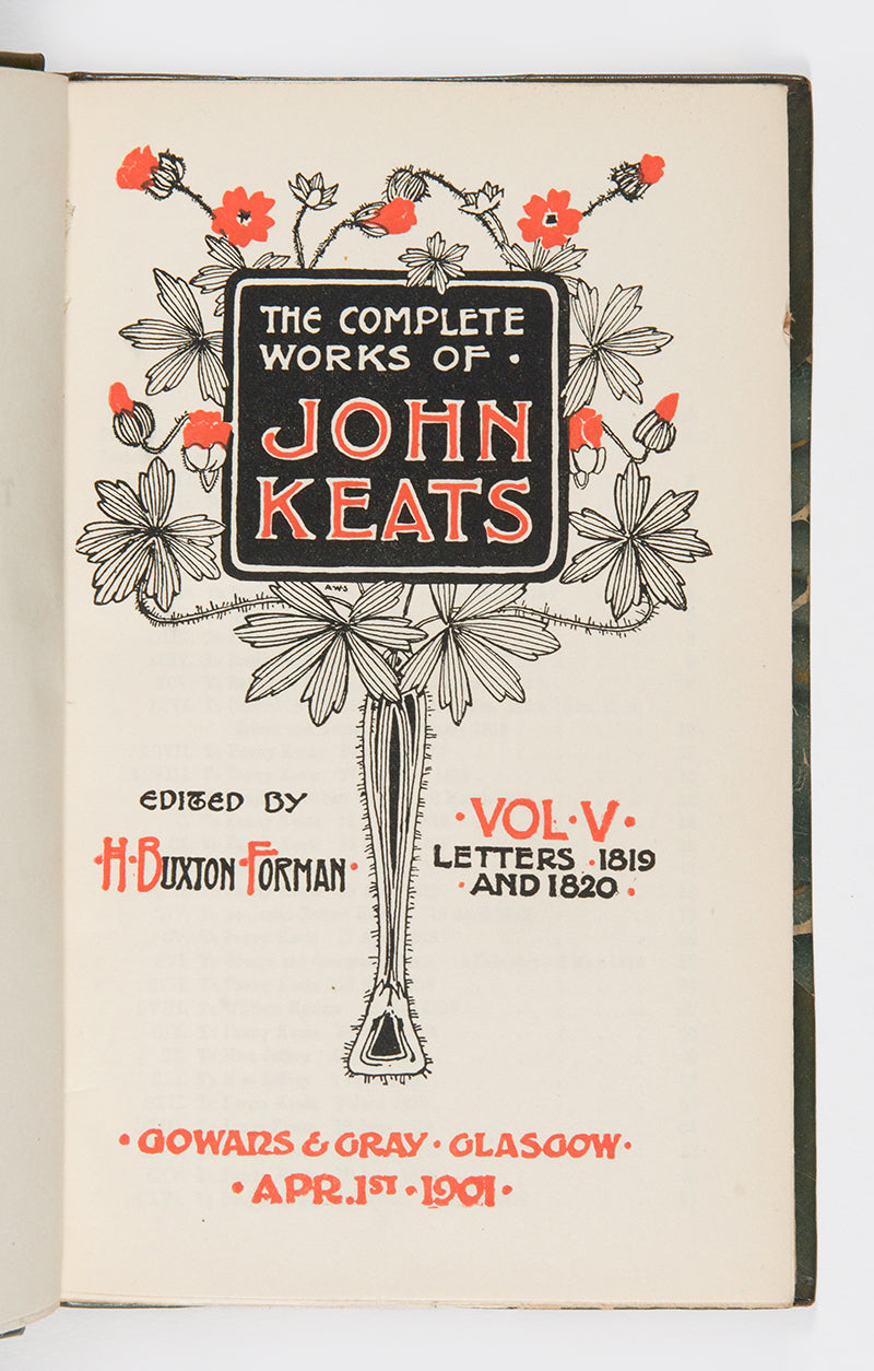 A finely bound collection of John Keats' Complete Works published by Gowans & Gray.