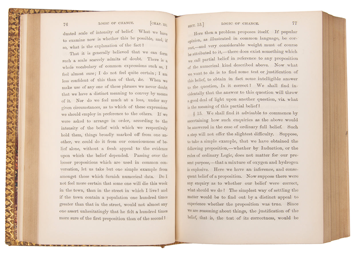 The rare first edition of mathematician John Venn's The Logic of Chance, a significant contribution to the fields of logic and philosophy published in 1866.