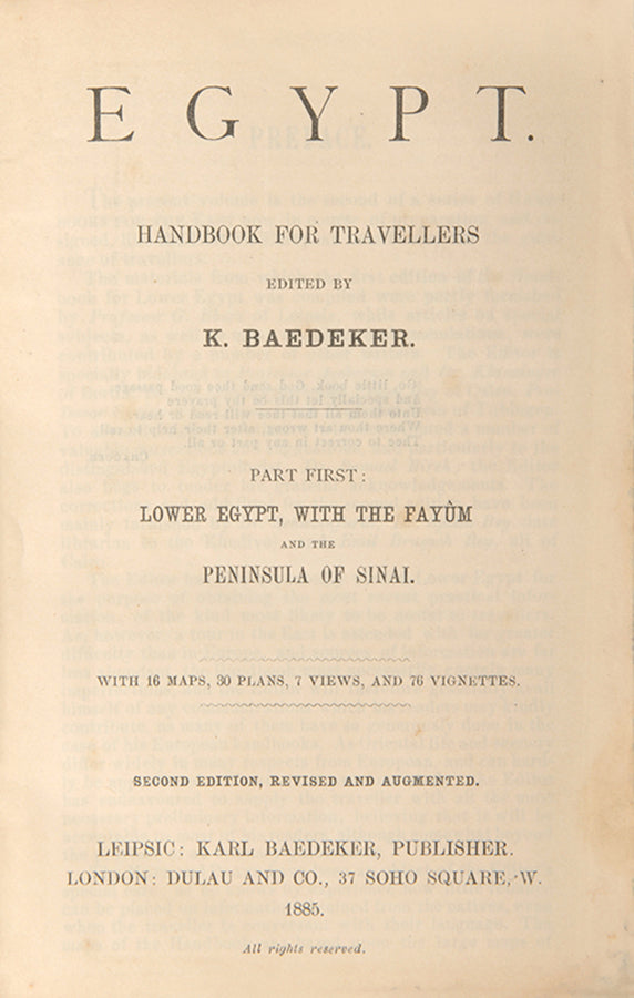 The general map shows the Egyptian Empire extended into the Northern Hedjaz and in the South to the sources of the White Nile. A Baedeker classic.