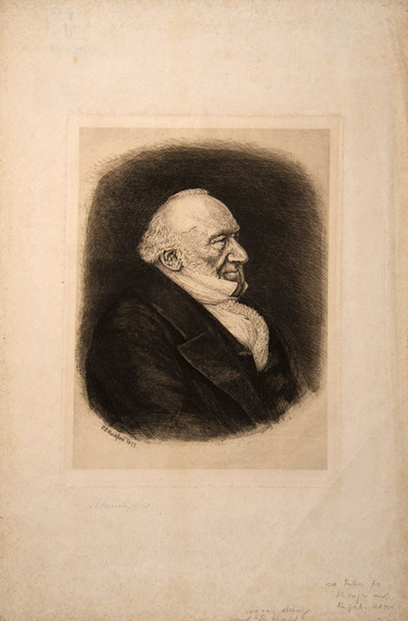 Portrait etching of Sir Moses Montefiore, created by his relative Eliezer Levi Montefiore - a businessman, etcher and gallery director born in the West Indies.